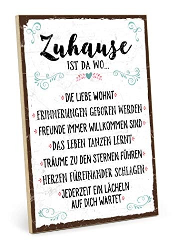 TypeStoff Holzschild mit Spruch - ZUHAUSE - Schild, Bild im Vintage-Look mit Zitat als Geschenk und Dekoration zum Thema Familie, Liebe und Geborgenheit - Sprüche Schilder (19,5 x 28,2 cm)