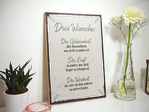 TypeStoff Holzschild mit Spruch – DREI WÜNSCHE – im Vintage-Look mit Zitat als Geschenk und Dekoration zum Thema Gelassenheit, Kraft und Weisheit (19,5 x 28,2 cm)