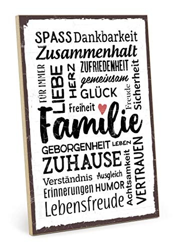 TypeStoff Holzschild mit Spruch – Familie – im Vintage-Look mit Zitat als Geschenk und Dekoration zum Thema Freude, Sicherheit und Achtsamkeit (19,5 x 28,2 cm)