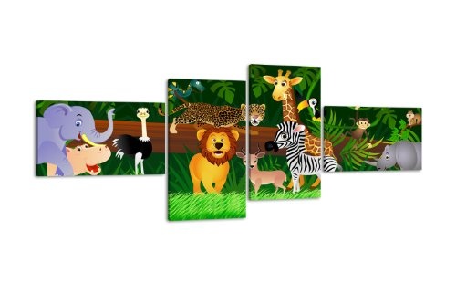 Leinwandbild Animals LW66 Wandbild, Bild auf Leinwand, 4 Teile, 100x45cm, Kunstdruck Canvas, XXL Bilder, Keilrahmenbild, fertig aufgespannt, Bild, Holzrahmen, Dschungel, Kinder, Tiere,