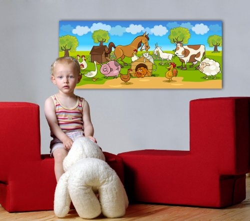 Leinwandbild Panorama Nr. 218 Verrückter Bauernhof 100x40cm, Keilrahmenbild, Bild auf Leinwand, Kinder Tiere Comic
