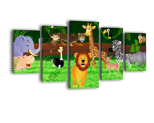 Leinwandbild Animals LW66 Wandbild, Bild auf Leinwand, 5 Teile, 210 x 100 cm, Kunstdruck Canvas, XXL Bilder, Keilrahmenbild, fertig aufgespannt, Bild, Holzrahmen, Kinder, Tiere, Dschungel