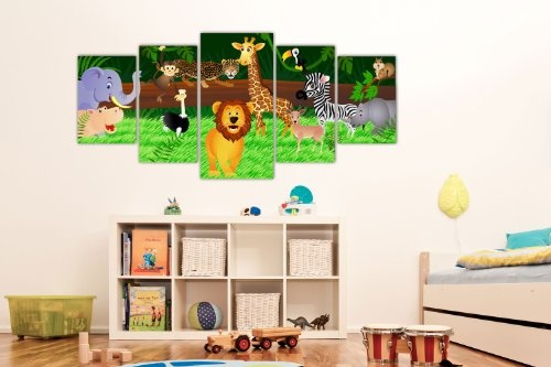 Leinwandbild Animals LW66 Wandbild, Bild auf Leinwand, 5 Teile, 210 x 100 cm, Kunstdruck Canvas, XXL Bilder, Keilrahmenbild, fertig aufgespannt, Bild, Holzrahmen, Kinder, Tiere, Dschungel