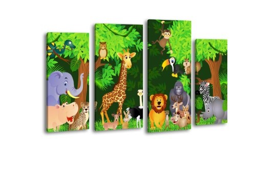 Leinwandbild Animals LW66 Wandbild, Bild auf Leinwand, 4 Teile, 180x100cm, Kunstdruck Canvas, XXL Bilder, Keilrahmenbild, fertig aufgespannt, Bild, Holzrahmen, Dschungel, Kinder, Tiere,