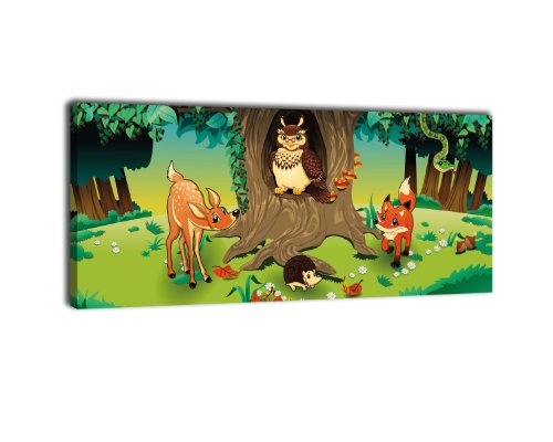 Leinwandbild Panorama Nr. 186 Freundliche Waldtiere 100x40cm, Keilrahmenbild, Bild auf Leinwand, Kinder, Comic, Tiere