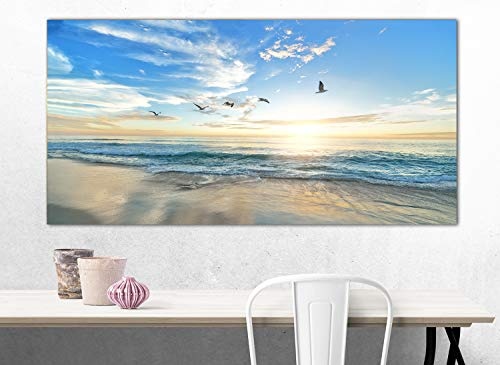 Topquadro XXL Wandbild, Leinwandbild 100x50cm, Meer bei Sonnenuntergang, Möwen Wellen und Strand - Panoramabild Keilrahmenbild, Bild auf Leinwand - Einteilig, Fertig zum Aufhängen