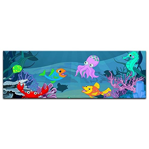 Keilrahmenbild Kinderbild Unterwasser Tiere X - 120 x 40 cm Bilder als Leinwanddruck Fotoleinwand Kinder Leben im Meer - Wal, Hai und Fische im Ozean