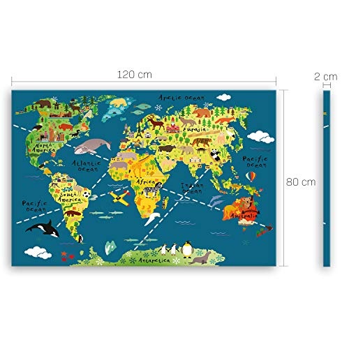 ge Bildet® hochwertiges Leinwandbild XXL - Weltkarte für Kinder - Dunkelblau - Bild für kinderzimmer - 120 x 80 cm einteilig 2202 L