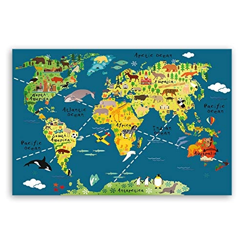 ge Bildet® hochwertiges Leinwandbild XXL - Weltkarte für Kinder - Dunkelblau - Bild für kinderzimmer - 120 x 80 cm einteilig 2202 L