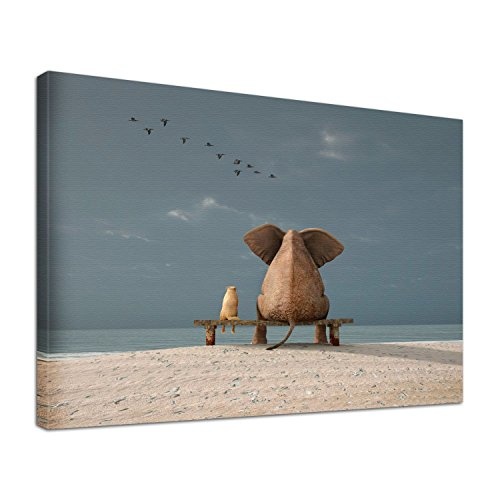Leinwand Bild edel Tiere Elefant & Hund Freundschaft am Meer Größe 60 x 40 cm
