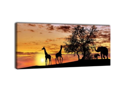 Leinwandbild Panorama Nr. 424 Tiere im Abendrot 100x40cm, Keilrahmenbild, Bild auf Leinwand, Afrika, Giraffe, Elefant