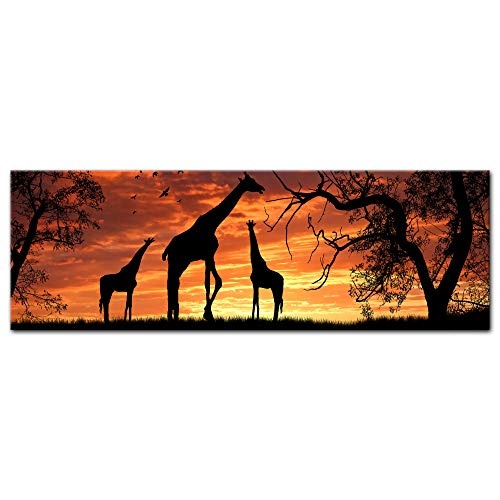 Keilrahmenbild - Giraffen im Sonnenuntergang - Bild auf Leinwand - 120x40 cm einteilig - Leinwandbilder - Tierwelten - Afrika - Silhouetten von Giraffen in der Steppe