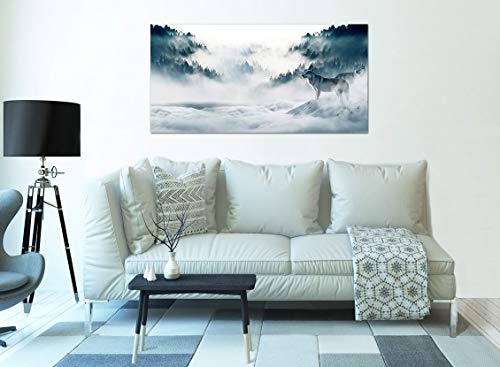 Topquadro XXL Wandbild, Leinwandbild 100x50cm, Wölfe auf dem Berg, Bäume, Schnee und Nebel - Panoramabild Keilrahmenbild, Bild auf Leinwand - Einteilig, Fertig zum Aufhängen