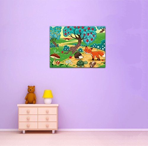 Keilrahmenbild - Kinderbild Tiere im Wald - Bild auf Leinwand - 120x90 cm einteilig - Leinwandbilder - Kinder - farbenfrohe Waldidylle mit Tieren