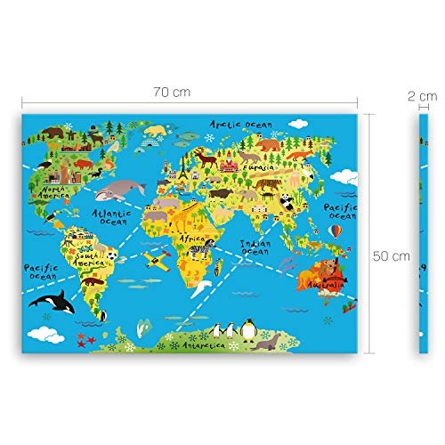 ge Bildet® hochwertiges Leinwandbild - Weltkarte für Kinder - Hellblau - Bild für kinderzimmer - 70 x 50 cm einteilig 1465