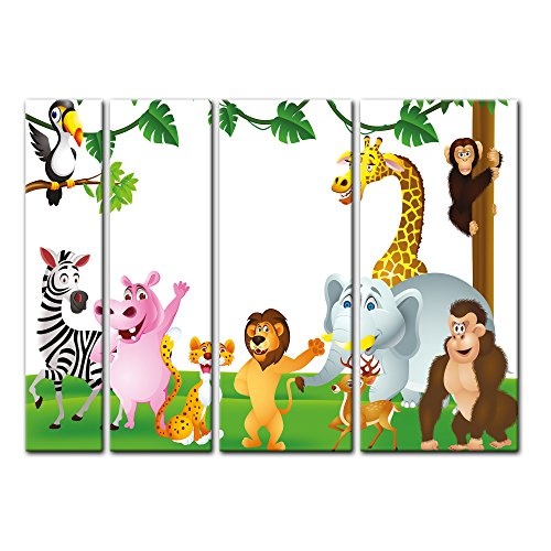 Keilrahmenbild - Kinderbild Tiere Cartoon III - Bild auf Leinwand - 180x120 cm vierteilig - Leinwandbilder - Kinder - freundliche Dschungeltiere