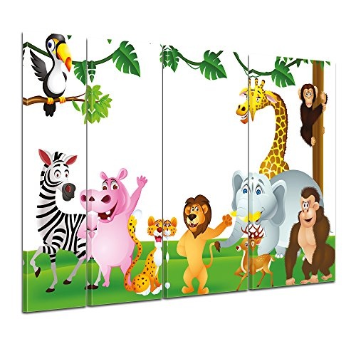 Keilrahmenbild - Kinderbild Tiere Cartoon III - Bild auf Leinwand - 180x120 cm vierteilig - Leinwandbilder - Kinder - freundliche Dschungeltiere