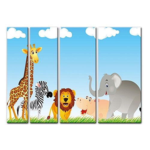 Keilrahmenbild - Kinderbild Tiere Cartoon VI - Bild auf Leinwand - 180x120 cm vierteilig - Leinwandbilder - Kinder - freundliche Tiere in der Savanne