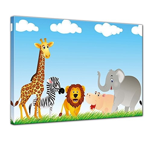 Keilrahmenbild - Kinderbild Tiere Cartoon VI - Bild auf Leinwand - 120x90 cm einteilig - Leinwandbilder - Kinder - freundliche Tiere in der Savanne