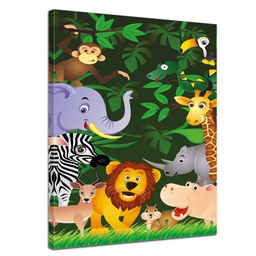 Keilrahmenbild - Kinderbild - Lustige Tiere im Dschungel - Cartoon - Bild auf Leinwand - 90x120 cm 1 teilig - Leinwandbilder - Kinder - Grafik - Regenwald - Afrika - Zoo - niedlich