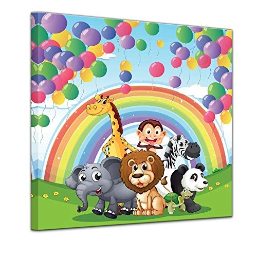 Keilrahmenbild Kinderbild Tierparade - 80 x 80 cm Bilder als Leinwanddruck Fotoleinwand Kinder Cartoon - Bunte Party mit Ballons und Regenbogen