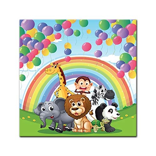 Keilrahmenbild Kinderbild Tierparade - 80 x 80 cm Bilder als Leinwanddruck Fotoleinwand Kinder Cartoon - Bunte Party mit Ballons und Regenbogen