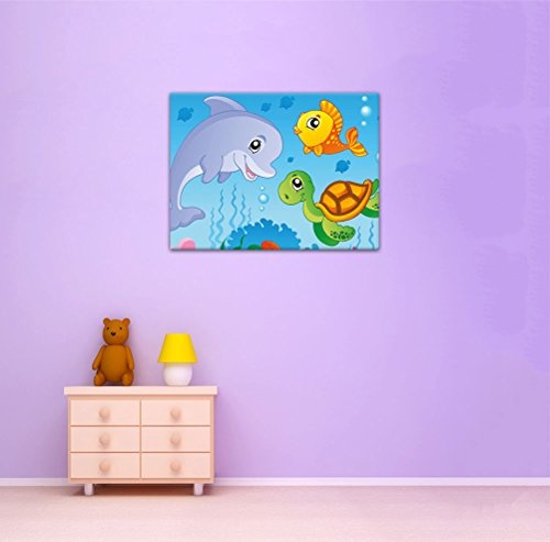 Keilrahmenbild - Kinderbild Unterwasser Tiere III - Bild auf Leinwand - 120x90 cm einteilig - Leinwandbilder - Kinder - Delfin, Schildkröte und Fisch