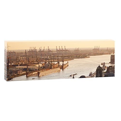 Querfarben Hamburg – Hafen bei Sonnenuntergang | Vxx20525| Panoramabild im XXL Format | Trendiger Kunstdruck auf Leinwand | Verschiedene Größen (150 cm x 50 cm, Farbig)