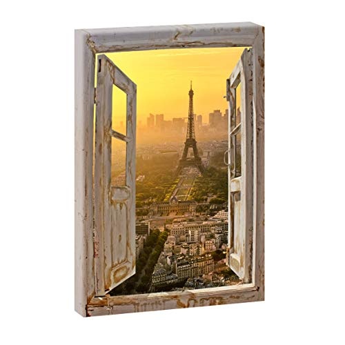 Querfarben Leinwandbild Fensterblick Paris | Verschiedene Größen als Leinwanddruck | Panoramabild im XXL Hochformat | Foto auf Leinwand | Wandbild Blick auf Eiffelturm
