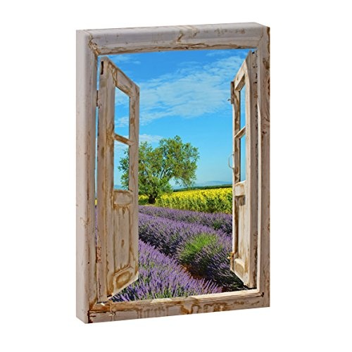 Fensterblick - Lavendelfelder | Hochformat | Panoramabild im XXL Format | Trendiger Kunstdruck auf Leinwand | Verschiedene Größen (Fensterblick 65 cm x 100 cm)
