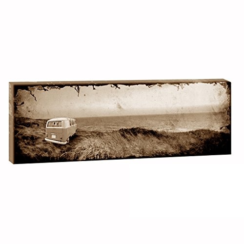VW Bulli - Retro Strandcamper | Panoramabild im XXL Format | Trendiger Kunstdruck auf Leinwand | Verschiedene Formate (Sepia, 120x40)