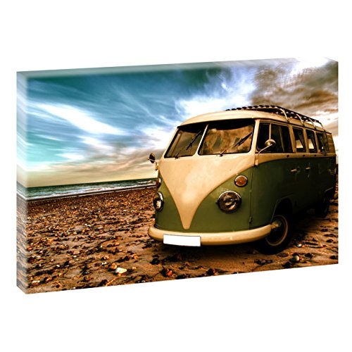 Querfarben Strand mit Retro Bulli | Panoramabild im XXL Format | Poster | Wandbild | Poster | Fotografie | Trendiger Kunstdruck auf Leinwand Größen (120 cm x 80 cm, Farbig)