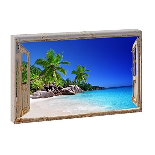 Fensterblick Praslin Island - Seychellen | Querformat | Panoramabild im XXL Format | Poster | Wandbild | Poster | Fotografie | Trendiger Kunstdruck auf Leinwand | Verschiedene Farben und Größen (100 cm x 65 cm, Farbig-Fensterblick)