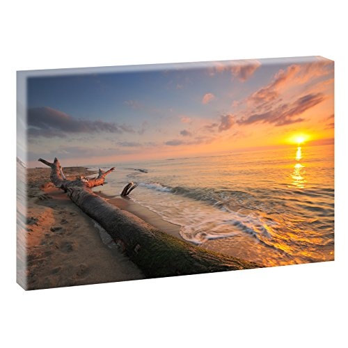 Sundown | V1720547 | Bilder auf Leinwand | Wandbild im XXL Format | Kunstdruck in 120 cm x 80 cm (farbig) | Bild Strand Meer Sonnenuntergang Dünen Wellen Nordsee Ostsee Wellen