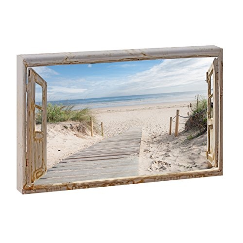 Fensterblick - Weg zum Strand 3 | Panoramabild im XXL Format | Trendiger Kunstdruck auf Leinwand | Hochformat oder Querformat (120 cm x 80 cm | Querformat)