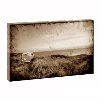 VW Bulli - Retro Strandcamper | Panoramabild im XXL Format | Trendiger Kunstdruck auf Leinwand | Verschiedene Formate (Sepia, 100x65)