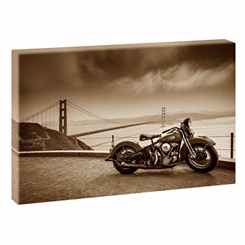 Harley Bike-Blick über die Bucht | V1720474 | Bilder auf Leinwand | Poster Wandbild im XXL Format | Kunstdruck in 120 cm x 80 cm (sepia) | Bild USA United States of America Harley Davidson Bike Motorrad Brücke San Francisco Golden Gate