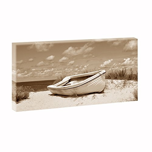 Boot am Strand | Panoramabild im XXL Format | Kunstdruck auf Leinwand | Wandbild | Poster | Fotografie | Verschiedene Formate und Farben (40 cm x 80 cm, Sepia)