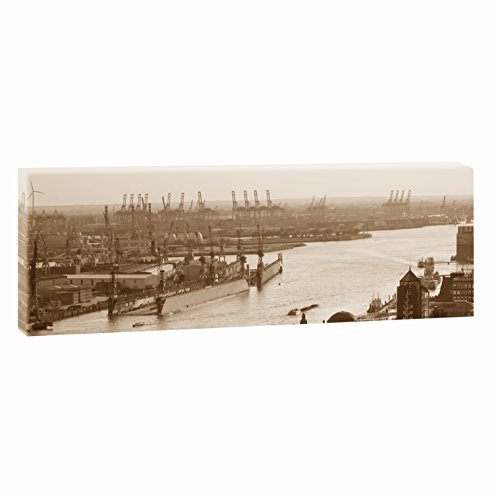 Hamburg - Hafen bei Sonnenuntergang | Vxx20525| Panoramabild im XXL Format | Trendiger Kunstdruck auf Leinwand | Verschiedene Größen (150 cm x 50 cm, Sepia)