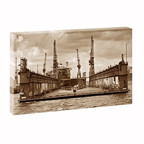 Hamburg - Dock | Größe 100 cm x 65 cm | Panoramabild im XXL Format | Trendiger Kunstdruck auf Leinwand | Verschiedene Farben (Sepia)