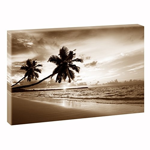 Karibischer Sonnenuntergang | V1720219 | Bilder auf Leinwand | Wandbild im XXL Format | Kunstdruck in 120 cm x 80 cm | Bild Palmen Meer Ozean Brandung Strand (Sepia)