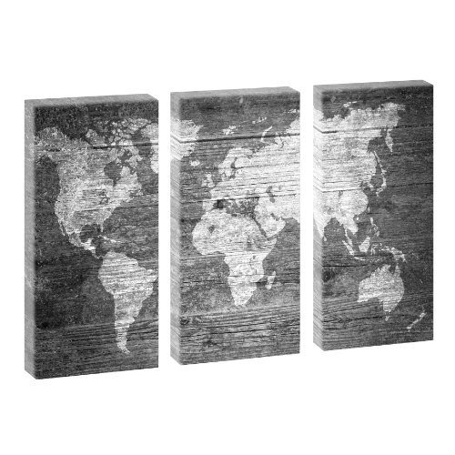Weltkarte - Schwarz/Weiß - Trendiger Kunstdruck auf Leinwand im XXL Format - mehrteilig 130cm x 80cm (je 40cm x 80cm)