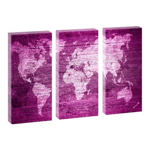 Weltkarte - Pink - Trendiger Kunstdruck auf Leinwand - mehrteilig 130cm x 80cm (je 40cm x 80cm)