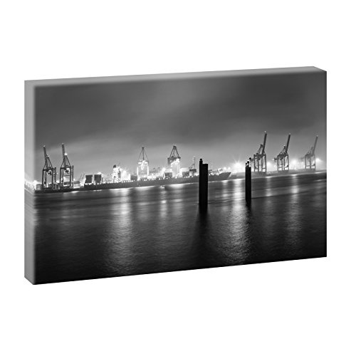 Hamburg-Hafenpanorama bei Nacht in Schwarz-Weiß | Bilder auf Leinwand | Wandbild im XXL Format | Poster | Bild HH Hansestadt Kai Hafen Kräne Elbe (100 cm x 65 cm, Schwarz-Weiß)