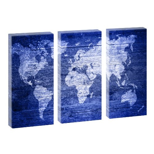 Weltkarte - Blau - Trendiger Kunstdruck auf Leinwand - mehrteilig 130cm x 80cm (je 40cm x 80cm)
