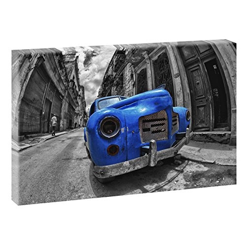 Kuba - Havanna | V1720516 | Bilder auf Leinwand | Wandbild im XXL Format | Kunstdruck in 120 cm x 80 cm (schwarz-weiß/blau) | Bild Karibik Insel Urlaub Oldtimer Auto