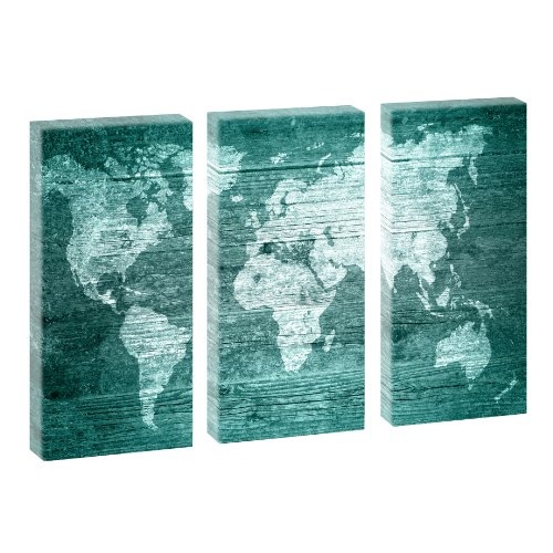 Weltkarte - Grün - Trendiger Kunstdruck auf Leinwand - mehrteilig 130cm x 80cm (je 40cm x 80cm)