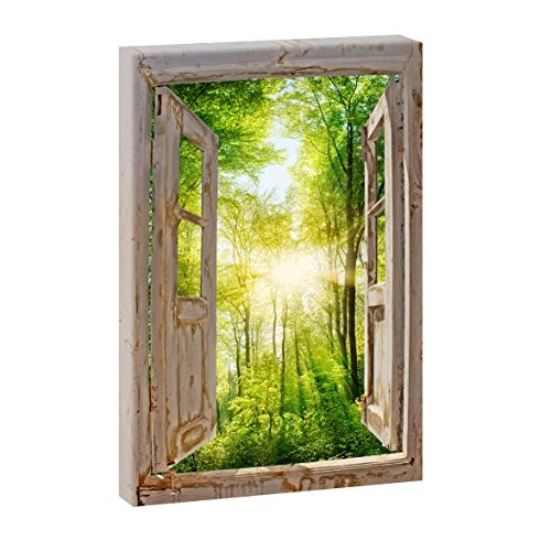 Fensterblick - Sonnenstrahlen im Wald | Panoramabild im XXL Format | Poster | Wandbild | Fotografie | Trendiger Kunstdruck auf Leinwand | Verschiedene Formate (Farbig, 100 cm x 65 cm | Hochformat)