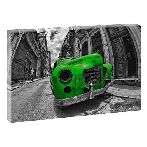 Kuba - Havanna | V1720516 | Bilder auf Leinwand | Wandbild im XXL Format | Kunstdruck in 120 cm x 80 cm (schwarz-weiß/grün) | Bild Karibik Insel Urlaub Oldtimer Auto