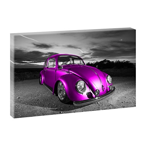 VW Käfer | Panoramabild im XXL Format | Poster | Wandbild | Fotografie | Trendiger Kunstdruck auf Leinwand | Verschiedene Farben und Größen (100 cm x 65 cm, SW/Pink)